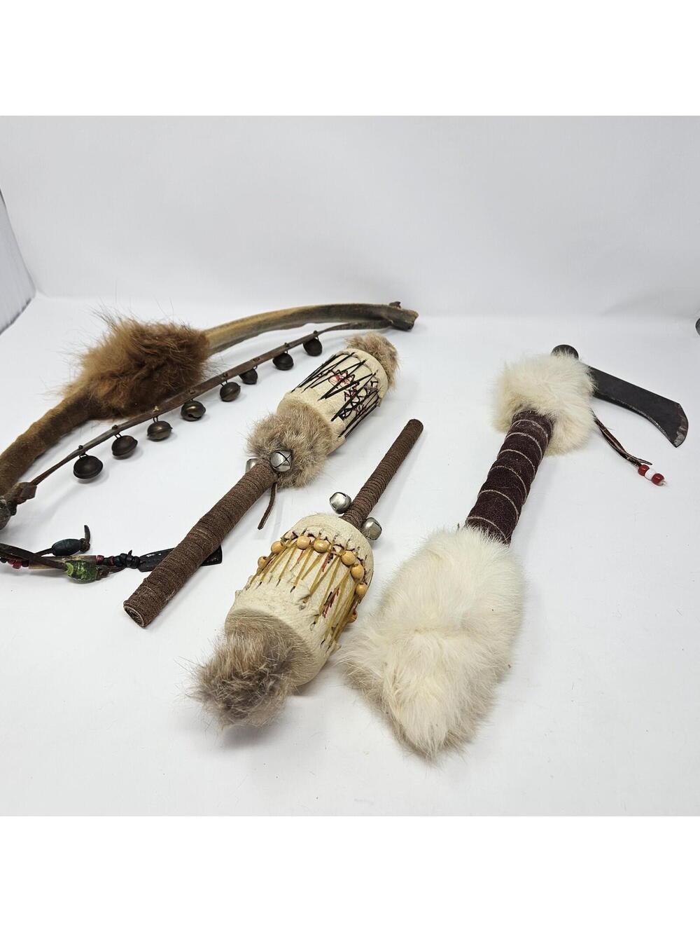 Lot 4 Native American Display Items  Tomahawk, Rib Bone Shaker 2 Leather Shakers